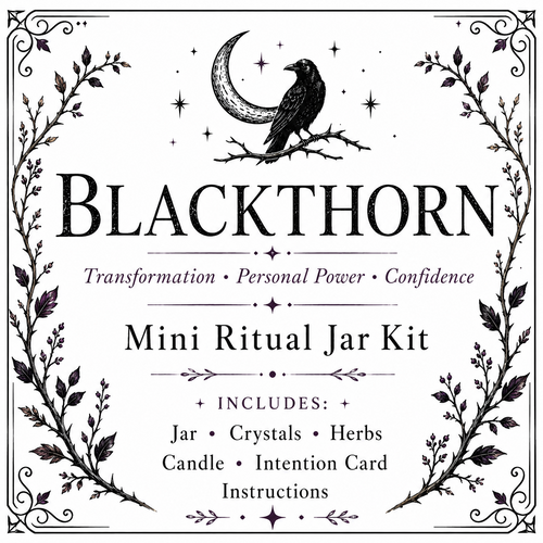 Blackthorn Mini Ritual Jar Kit label with raven and crescent moon; Transformation, Personal Power, Confidence.