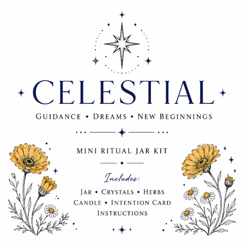 Celestial mini ritual jar kit label: Guidance, Dreams, New Beginnings.