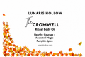 The Cromwell ritual body oil artwork with autumn leaves; Hearth, Courage, Ancestral Magic; Pumpkin Spice.