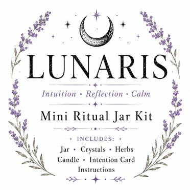 Lunaris mini ritual jar kit label: Intuition, Reflection, Calm.