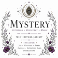 Mystery Mini Ritual Jar Kit label with crescent moon, keyhole and purple flowers; Intuition, Discovery, Magic.
