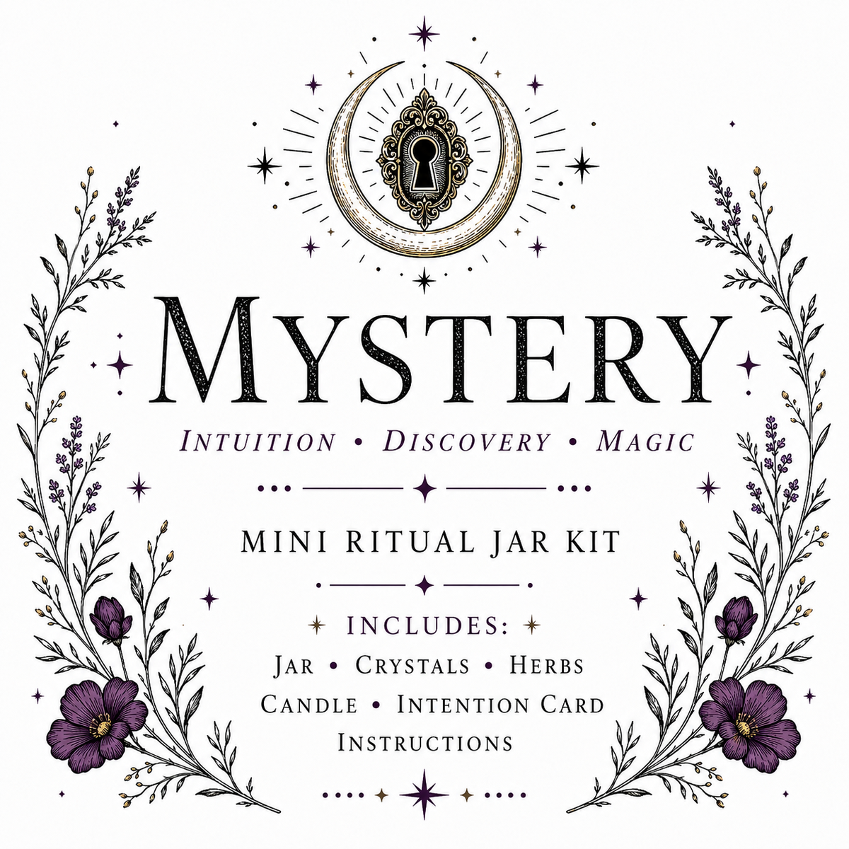 Mystery Mini Ritual Jar Kit label with crescent moon, keyhole and purple flowers; Intuition, Discovery, Magic.